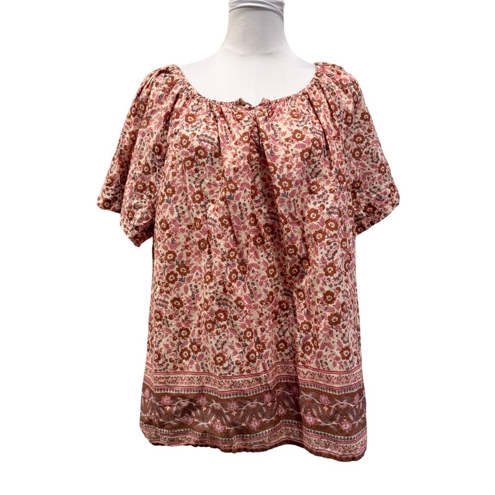 Faherty Organic Cotton Boho Floral Peasant Blouse Women Medium Pink Cottagecore